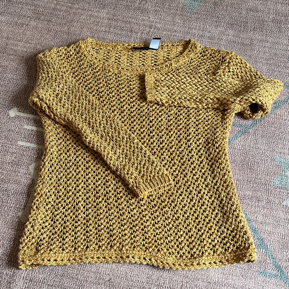 Vintage LizSport Petite Mustard Knit Open-Weave Women's Sweater